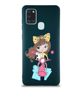 Samsung Galaxy A21S Soft Premier Kapak Vespagirl Tasarımlı Silikon Kılıf - Yeşil (Şeffaf)