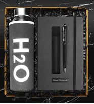Özel Kılıflı Cam Şişe Matara & Kişiye Özel Defter & Kişiye Özel Deri Kılıflı Touch Pen Kalem Hediye Seti