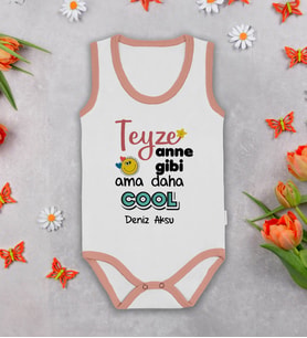 BK Kids Kişiye Özel Teyze Gibi Anne Pembe Biyeli Askılı Sıfır Kol Bebek Body Zıbın, Yeni Doğan Bebek Hediyesi