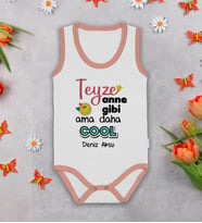 BK Kids Kişiye Özel Teyze Gibi Anne Pembe Biyeli Askılı Sıfır Kol Bebek Body Zıbın, Yeni Doğan Bebek Hediyesi