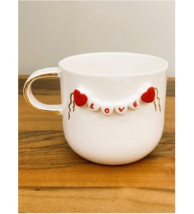 Lexroo 24 Ayar Altın Detaylı, Kalp Kabartmalı, El Yapımı, Kalpli Mug, 300 ml, Heart Mug, Love Mug