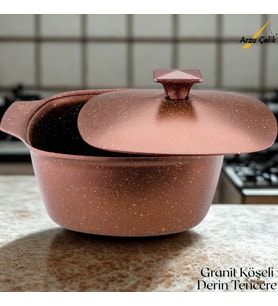28 Cm Granit Köşeli Derin Tencere Alüminyum Kapak - Koyu Bakır