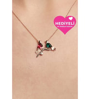 Jewelmim Gümüş Kuş Kolye Rose Altın Kaplama Renkli Taşlı Kuşlu Gümüş Kolye 925 Ayar Kadın Gümüş Kolye