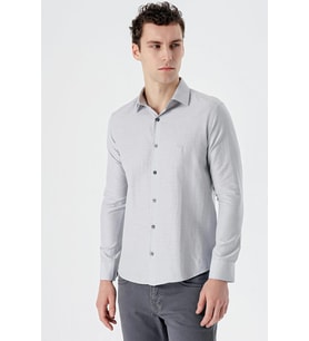 Gri Uzun Kollu Desenli Armürlü Sert Yaka Cepsiz Pamuklu Slim Fit Dar Kesim Gömlek 1004235168