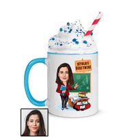 Kadın Biyoloji Öğretmenine Hediye Karikatürlü Mavi Kupa Bardak