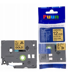 PUUN®Brother P-Touch TZE-831 12MM x 8m Altın Gold Üzerine Siyah Muadil Laminasyon Etiket Şeridi