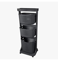 Tekerlekli 3 Bölmeli Banyo ve Mutfak Düzenleyici Raf - Ergonomik Kirli Sepeti Siyah (Füme)