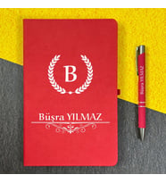 Kişiye Özel İsimli Kırmızı Ajanda Not Defteri ve Kalem Seti 2413R02