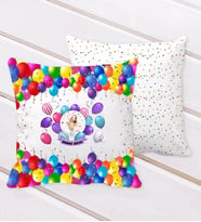 BK Gift Kişiye Özel Fotoğraflı Doğum Günü Tasarımlı Balon Desenli Dekoratif Kırlent Yastık-3 (Beyaz)