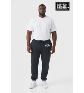 Erkek Büyük Beden New York Baskılı Paça Lastikli Rahat Kesim Jogger İnce Eşofman Altı SPR26BEA951-5 (Füme)