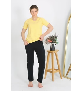 Akbeniz Kadın Kısa Kol Pamuk Penye Pijama Takım Sarı 4215