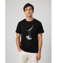 Erkek Astronot Ay Temalı Tişört Kısa Kol Yazlık Bisiklet Yaka T-Shirt - Siyah