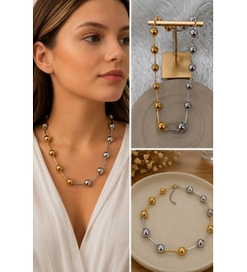 Premium Parlak ve Şık Geometrik Top Detaylı İki Renk Ayarlanabilir Uzatmalı Bijuteri Kolye (45cm)