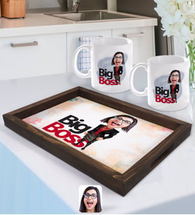 BK Gift Kişiye Özel Kadın Big Boss Karikatürlü Doğal Ahşap Tepsi ve 2’li Kupa Bardak Seti-2