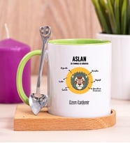 Kişiye Özel Aslan Burcuna Hediye Ahşap Altlıklı Yeşil Kupa Bardak
