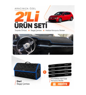 e-biz VOLKSWAGEN GOLF 8 (2021-2025) Uyumlu Torpido Örtüsü + Deri Bagaj Çantası - Siyah-Mavi - VW034