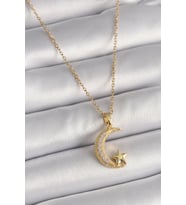 316L Çelik Gold Renk Zincir Zirkon Taşlı Hilal Model Yıldız Detay Kadın Kolye (Altın)