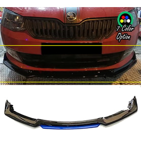 Skoda Rapid Mavi Renkli Şeritli Dilli Ön Lip 4 Prç Parlak Siyah ABS