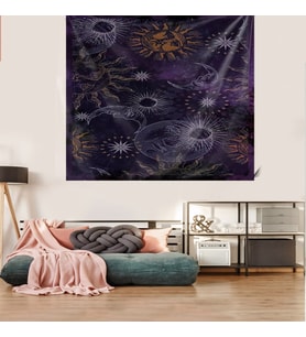 Güneş ve Ay Gökyüzü Leke Tutmaz Kadife Dokulu Kumaş Duvar Örtüsü Duvar Halısı Tapestry (Mor)