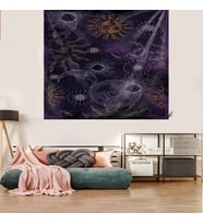 Güneş ve Ay Gökyüzü Leke Tutmaz Kadife Dokulu Kumaş Duvar Örtüsü Duvar Halısı Tapestry (Mor)