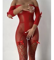 Intive Kırmızı Ağı ve Göğsü Açık Fileli Kurdeleli Esnek Spandex Vücut Çorabı-15501
