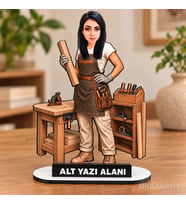 Kişiye Özel Kadın Marangoz Karikatürlü 18 cm MDF Masaüstü Biblo - Kadın Marangoz Hediyesi Yeni İş ve Meslek Hediyesi