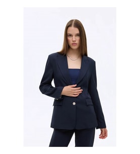 Quzu Kapak Cepli Düz Kesim Düğmeli Lacivert Kadın Blazer Ceket CKT00923