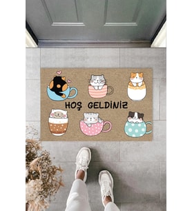 Hoş Geldiniz Yazılı Uyuyan Kediler Kapı Paspası 40 x 60 cm