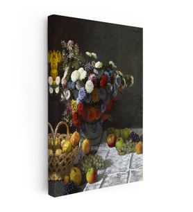 Kanvas Tablo Claude Monet Meyveler ve Çiçekler Sepetli Natürmort Ressam Tablosu Ev Ofis Dekoru