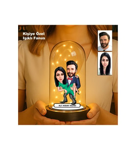 Kişiye Özel Çift Karikatür Fanus  Sevgili ve Evlilere Özel Işıklı Biblo