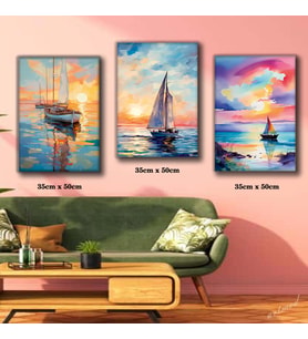 gün batımı deniz tekne yelkenli resim tablosu 3 adet 35cmx50cm kumaş baskılı canvas tablo