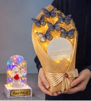 Kişiye Özel Renkli Işıklı Fanus ve Aynalı Led Işıklı Mavi Kelebek Buketi – Romantik Hediye Seti (Model 1)