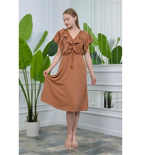Neşeli butik kadın yaka ve kolları fırfırlı bağlama detaylı ayrobin elbise NB10050 (Taba)