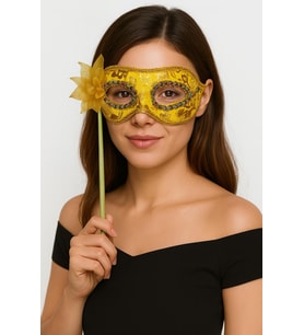 NessiWorld Lüks Taşlı Saplı Maskeli Balo Maskesi Altın Renk 35 cm