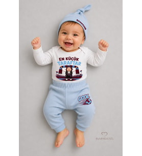 %100 Pamuk Bebek Takımı Bordo Mavi En Küçük Taraftar Baskılı 3'lü Yenidoğan Bebek Takımı Uzun Kollu Body Pantolon Şapka Set