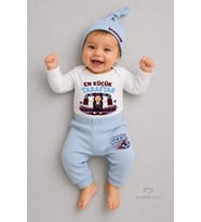 %100 Pamuk Bebek Takımı Bordo Mavi En Küçük Taraftar Baskılı 3'lü Yenidoğan Bebek Takımı Uzun Kollu Body Pantolon Şapka Set
