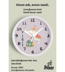 İsme Özel Sevimli Fil Çocuk Odası Duvar Saati Orta Boy 30 cm Beyaz Camlı Sessiz