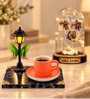 Sokak Lambalı Turuncu Kahve Fincanı ve Kişiye Özel 3 Fotoğraflı Yazılı LED Fanus