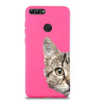Huawei P Smart Uyumlu Lansman Kılıf Catface Tasarımlı İçi Kadife Kapak-Neon Pembe (Şeffaf)