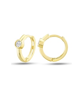 MOOM MÜCEVHERAT Kadın 14 Ayar Altın Küpe Minimalist Zirkon Taşlı Modern Halka Altın Küpe 12 mm