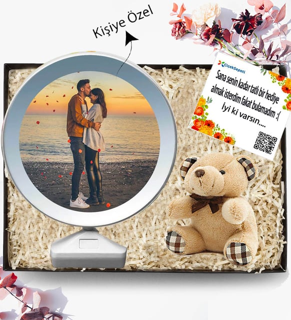 Kişiye Özel Fotoğraflı Sihirli Ayna Çerçeve & Mini Peluş Ayıcık Kutulu Hediye Seti