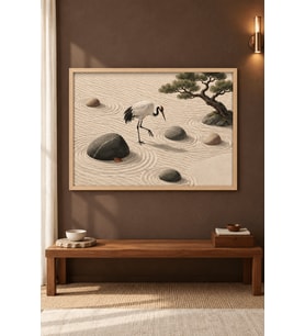Zen Bahçesinde Turna Bonsai ve Taşlar Ahşap Çerçeveli Duvar Tablosu