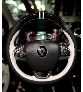 Renault Clio 4 Dikme Direksiyon Kılıfı Parlak Siyah Beyaz Detaylı Beyaz Çift Yüzük ve Dikiş 2012-2019