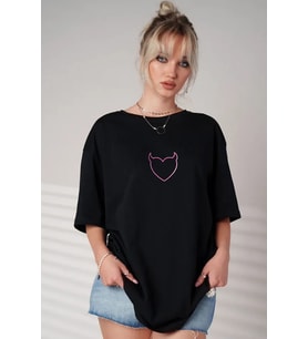 Unisex Şeytan Kalp Baskılı Oversize Tshirt (Siyah)