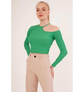 23254279 Kaşkorse Tek Omuz Yaka İpli Crop Bluz YESIL (Yeşil)