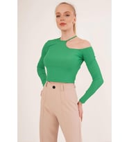 23254279 Kaşkorse Tek Omuz Yaka İpli Crop Bluz YESIL (Yeşil)