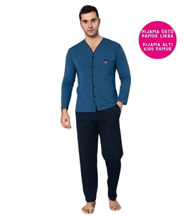 Erkek Mavi V Yaka Önden Düğme Gömlek Yaka Cepli Uzun Kol Mevsimlik Pijama Takımı