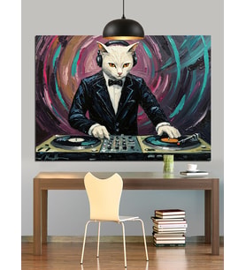 Dj Masasında Kedi Dekoratif Kanvas - Mdf Ahşap Tablo