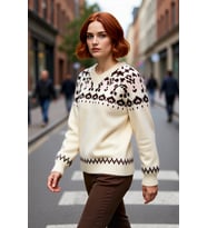 Kadın Oversize Etnik Desenli V Yaka Reglan Kol Triko Kazak Kışlık Soğuk Havalar İçin İdeal Şıklık