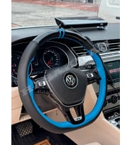 Vw Transporter T6.1 Dikme Direksiyon Kılıfı Parlak Siyah Mavi Detaylı Mavi Çift Yüzük ve Dikiş 2019-2024